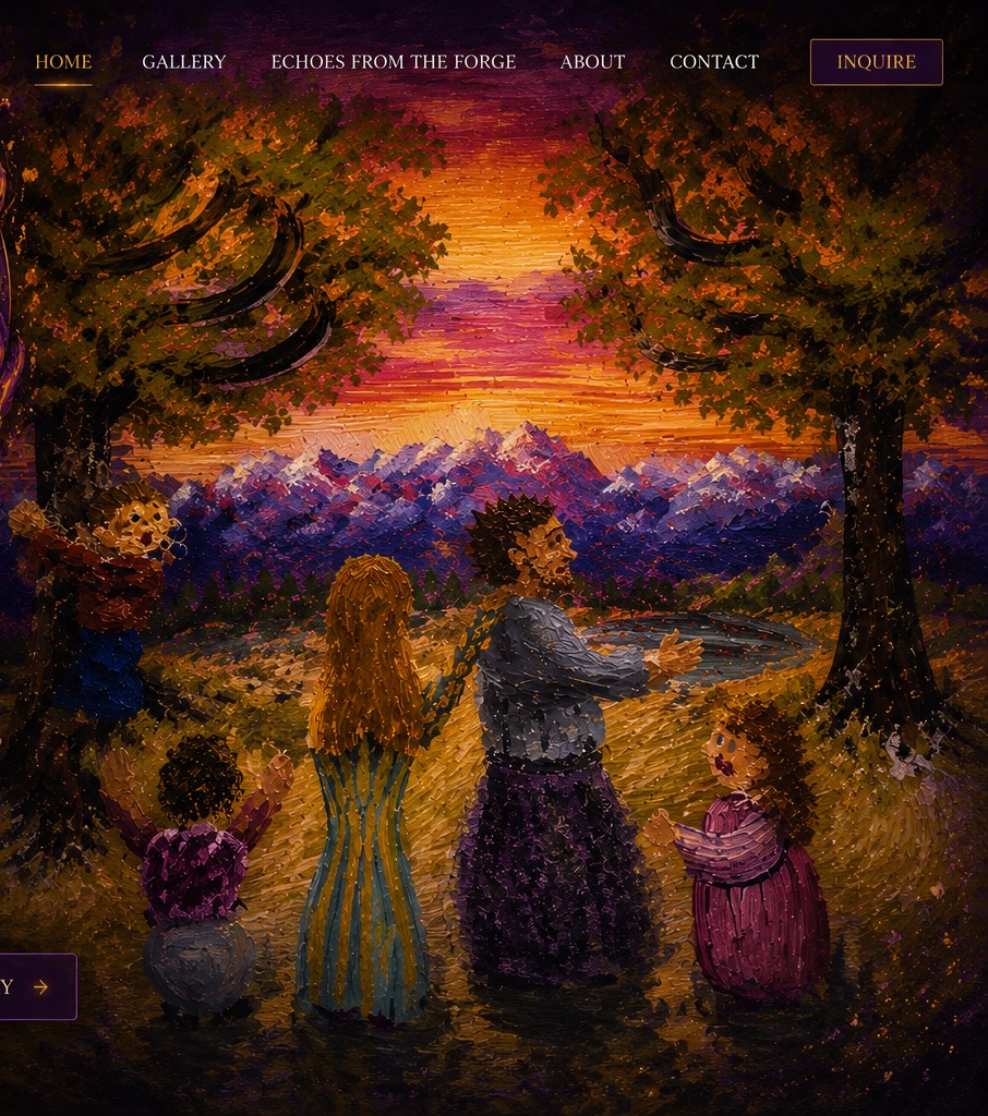 Original spiritual painting by Daniel — a family beneath a burning sunset